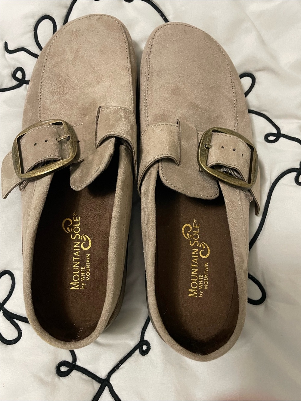 Mountain Sole Suede Buckle Mules in Taupe